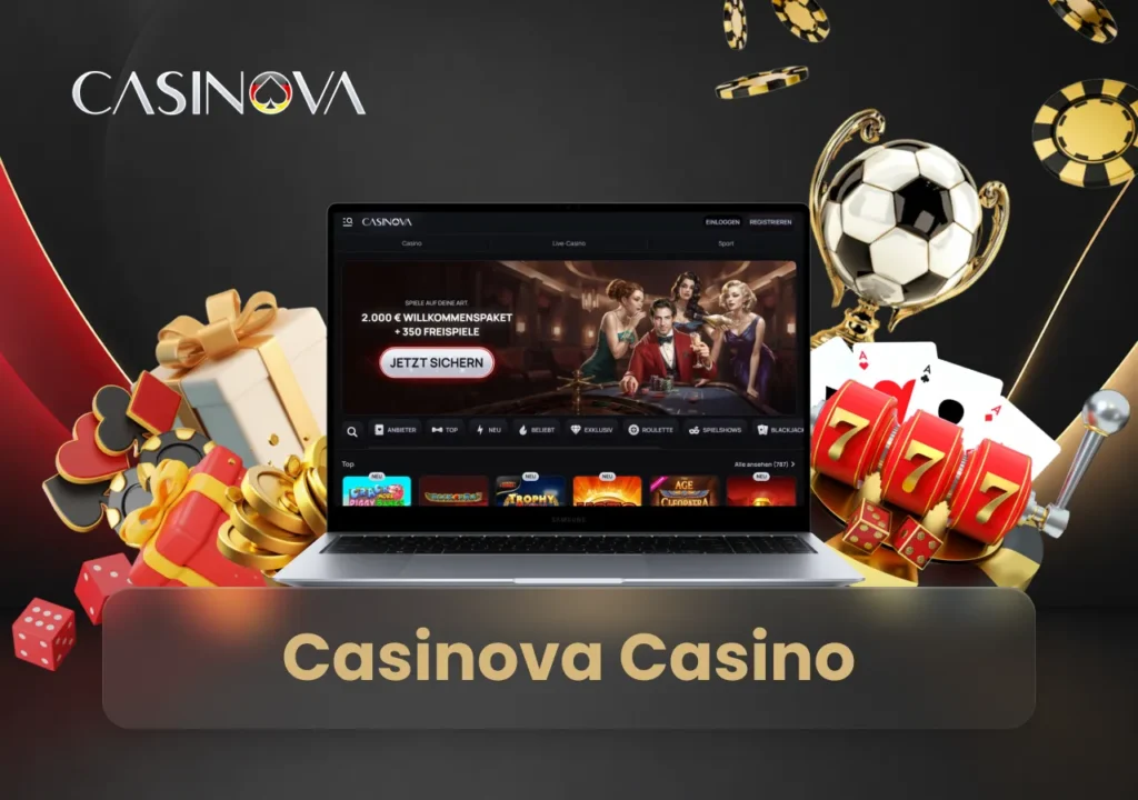 Casinova Casino zeigt die Plattform mit Casino-, Live-Casino- und Sportangeboten auf einem Laptop.
